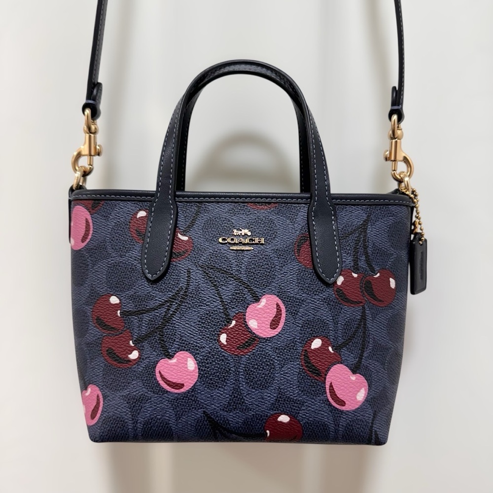 Coach City Mini Tote Bag Signature Coated Canvas Leather Trim Cherry Print